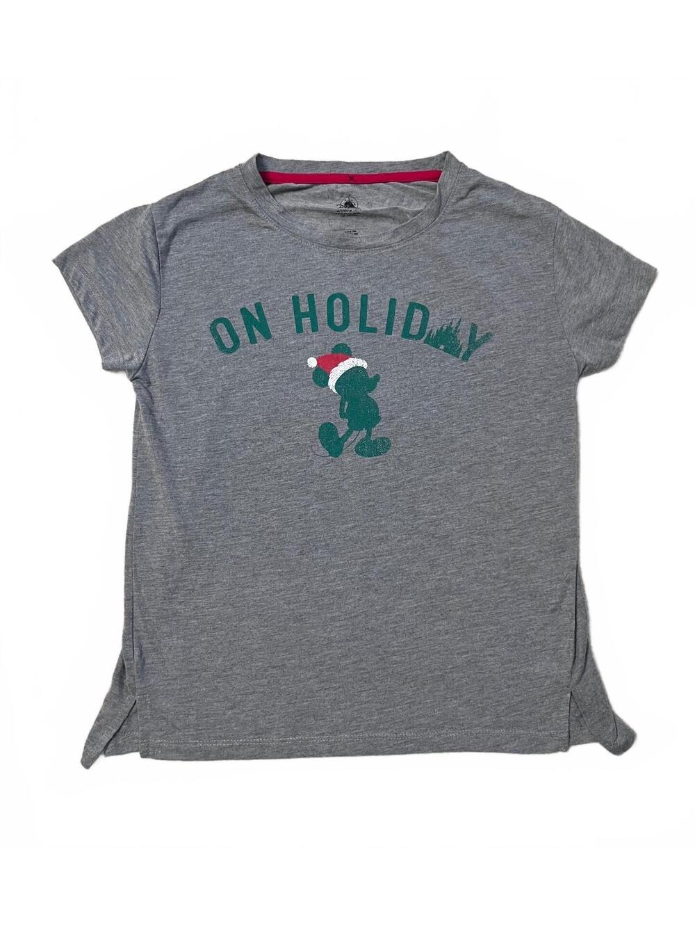 Disney Parks Mickey Mouse Santa Christmas On Holiday Grey Graphic Tee Size S